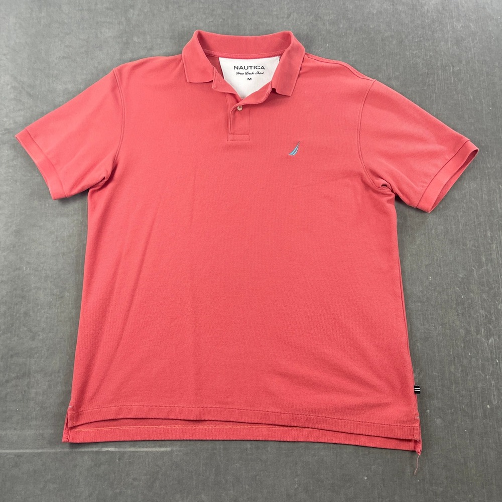 Nautica Mens M Salmon Pink True Deck Shirt Short Sleeve Polo Pique Logo‎
